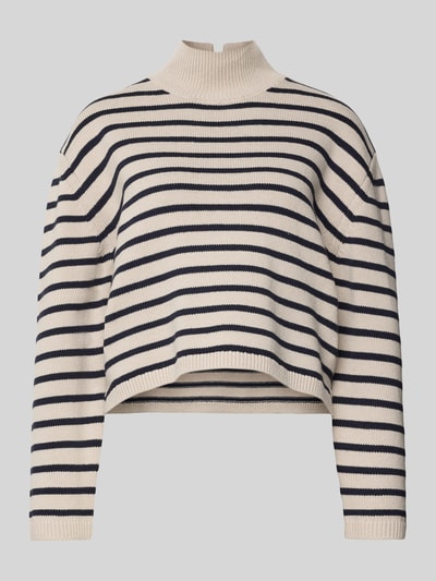 Produktfoto, Regular Fit Turtleneck Pullover aus Baumwoll-Mix von Tom Tailor Denim, gestreift in Creme und Dunkelblau, gestrickte Struktur, Rippbündchen, geschlitzter Kragen