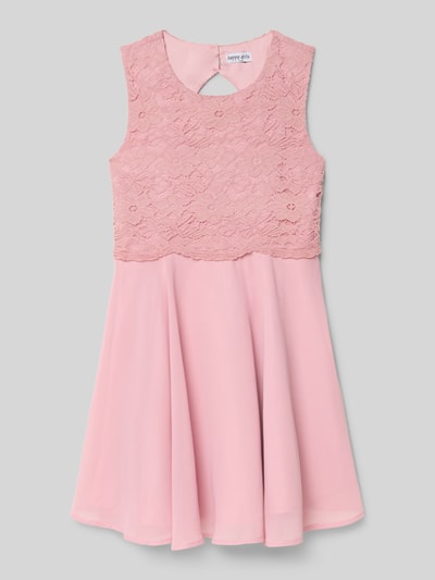 Produktfoto, Knielanges Kleid mit Rundhalsausschnitt von Happy Girls, taliowany krój, długość do kolan, wszyty zamek błyskawiczny, rozkloszowana spódnica, okrągły dekolt, długość tyłu 73 cm w rozmiarze 140, delikatny róż, gładka faktura na dole, koronkowa góra