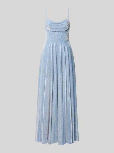 Produktfoto, Abendkleid mit Wasserfall-Ausschnitt und Spaghettiträgern von Hey Kyla in Hellblau, tailliert, Maxilänge, glänzende Textur.