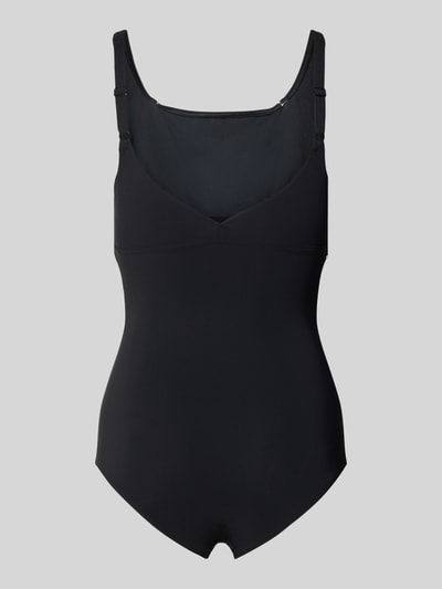 Produktfoto, schwarzer Slim Fit Badeanzug mit Shaping-Effekt von Arena, elastisches Material, Logo-Print, verstellbare Träger, neutraler Hintergrund