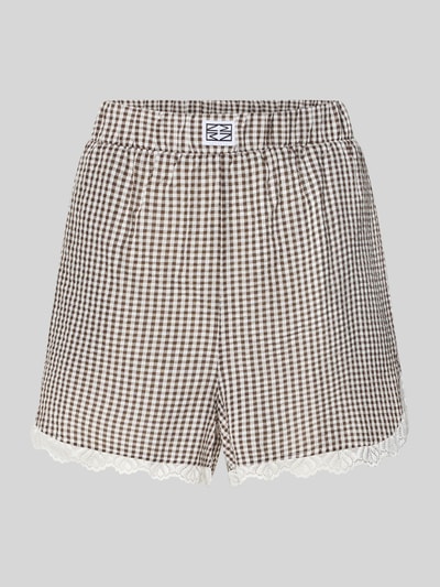 Produktfoto, Shorts mit Spitzenbesatz Modell 'ELIZA' von Noisy May, materiaalmix met katoen, regular fit, elastische band, bandwijdte maat S 38 cm, met kant, bruine en witte ruiten, zachte textuur