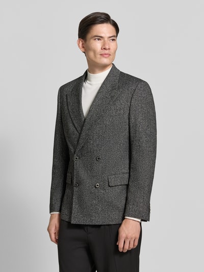 Męski model nosi Slim Fit Sakko mit Pattentaschen von MCNEAL, Mieszanka materiałów z dodatkiem wiskozy, krój slim fit, kołnierz z połami, zapięcie na guzik, dwurzędowy, kieszenie z patką, długość tyłu w rozmiarze 50: 72 cm, szerokość w rozmiarze 50: 46 cm, długość rękawów w rozmiarze 50: 66 cm, kolor szaro-czarny, faktura melanżowa, widok całej sylwetki z przodu.
