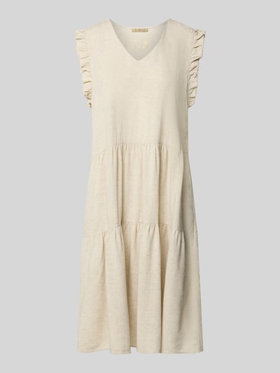 Smith and Soul Sukienka o długości do kolan z mieszanki wiskozy i lnu z dekoltem w serek Złamany biały melanż 2