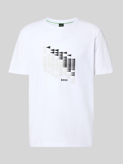Produktfoto, białe męski t-shirt z krótkim rękawem, grafika geometryczna, bawełniana tekstura, Relaxed Fit T-Shirt aus Baumwoll-Mix Modell 'TS_NETWORK FLAG' von BOSS Green
