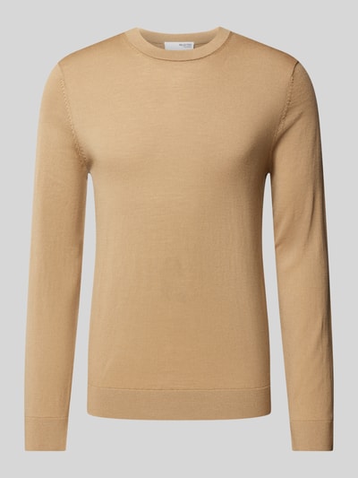 SELECTED HOMME Sweter z dzianiny z prążkowanymi wykończeniami model ‘TRAY’ Camel 2