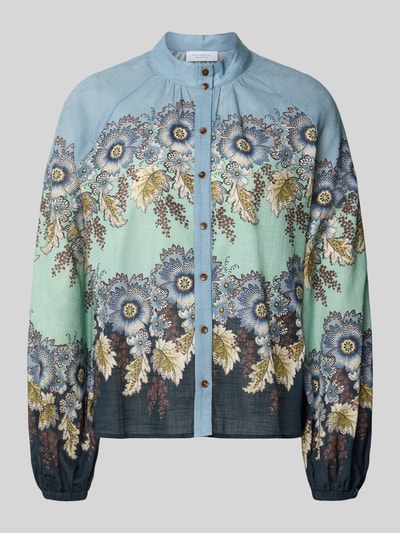 Produktfoto, Relaxed Fit Bluse aus reiner Baumwolle von Rich & Royal, lichtblauw-groen met all-over bloemenprint, opstaande kraag, met lange mouwen, doorlopende knoopsluiting, Dames blouse van puur katoen, ruglengte maat 36: 59 cm, mouwlengte maat 36: 66 cm