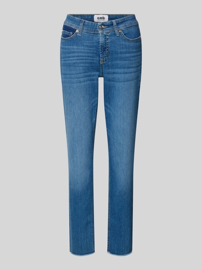 Produktfoto, Jeans in verkürzter Passform von Cambio aus blauem Baumwoll-Mix mit Stretch-Anteil, Slim-Fit, 5-Pocket-Design, Knopf- und Reißverschluss.