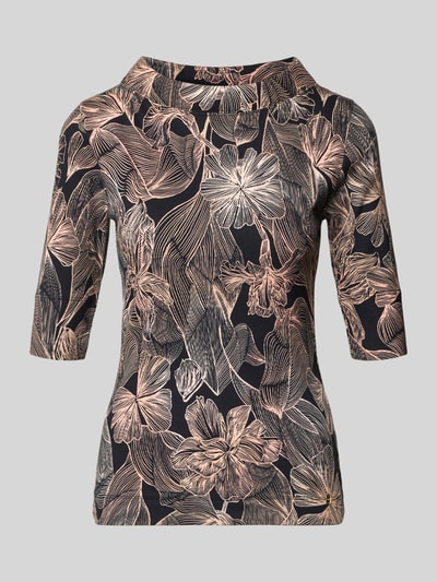 Produktfoto, T-Shirt mit Stehkragen von Marc Cain aus Baumwoll-Elasthan-Mix im Slim-Fit mit floralem Muster, 1/2-Ärmel, Rückenlänge 54 cm