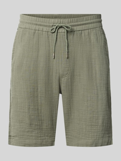 Produktfoto, Shorts mit Eingrifftaschen und elastischem Bund von Lindbergh aus Reine Baumwolle in Loose-Fit mit Kordelzug, grüne Farbe, sichtbare Struktur, französische Eingrifftaschen, Gesäßleistentaschen, Bundweite 43 cm, Innenbeinlänge 22 cm bei Größe M.