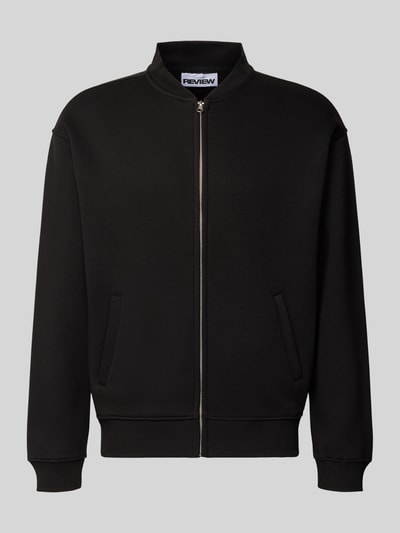 Produktfoto, schwarze Regular Fit Sweatjacke aus Baumwoll-Mix mit Stehkragen von REVIEW, glatte Oberfläche, gerippte Abschlüsse, Zipper.