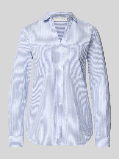 Produktfoto, Regular Fit Bluse mit V-Ausschnitt und Brusttaschen von Christian Berg Woman, bawełna, wzór w paski, kołnierzyk koszulowy, kolor biało-niebieski