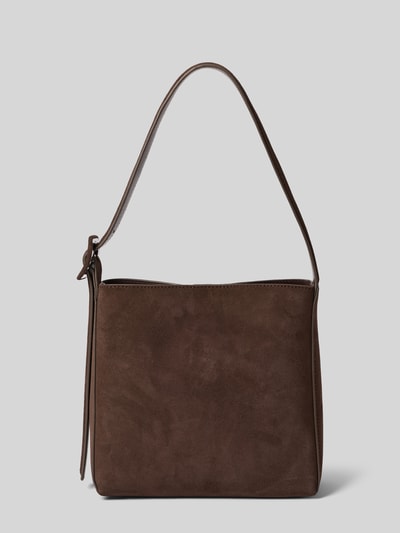Produktfoto, Shoulder Bag aus echtem Rindsleder Modell 'IGOR' von Mango in Dunkelbraun, rechteckige Form, glatte und matte Textur, Magnetverschluss, verstellbarer Schulterriemen, Hauptfach, Größe 1: 23x21x11 cm, Riemenlänge 52 cm.