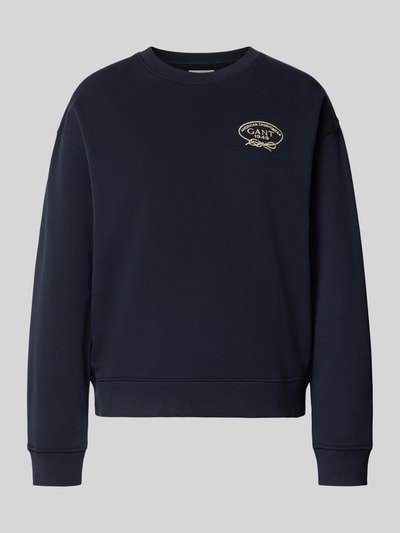 Produktfoto, Sweatshirt mit Label-Stitching und Rundhalsausschnitt von Gant in Dunkelblau, reine Baumwolle, Loose Fit, dezente Struktur