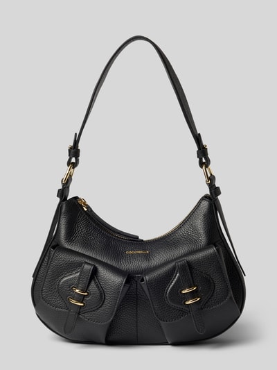 Produktfoto, schwarze Shoulder Bag mit Logo-Detail Modell 'Mavery' von Coccinelle, Reißverschluss, strukturierte Lederoptik, goldene Akzente
