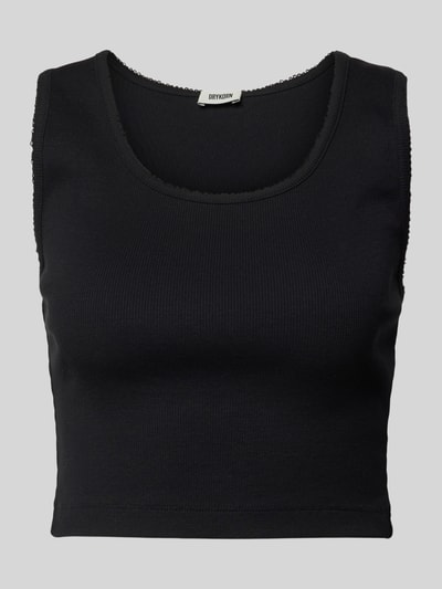 Produktfoto, czarny Tanktop z okrągłym dekoltem model 'FARIDA' od Drykorn z czystej bawełny, krój slim fit, faktura prążkowana, długość tyłu 48 cm w rozmiarze S
