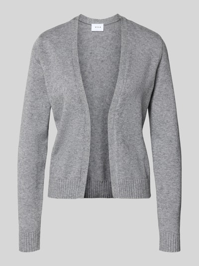 Produktfoto, grauer Damen Cardigan aus Viskose-Mix mit geradem Schnitt, offenen Front und gerippten Abschlüssen, Modell 'VIRIL' von Vila, Rückenlänge bei Größe S 54 cm, Ärmellänge 63 cm.