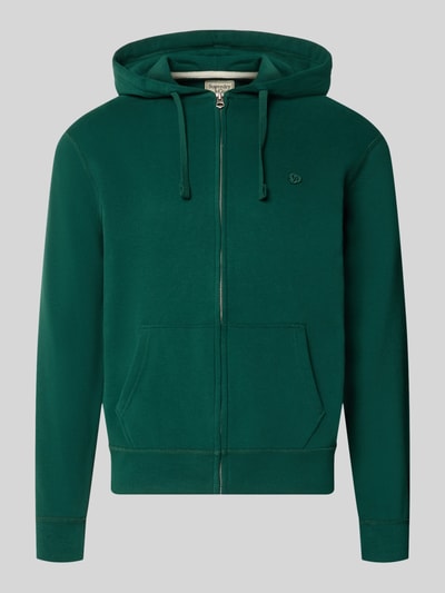 Produktfoto, Regular Fit Sweatjacke aus Baumwoll-Mix mit Label-Detail von Superdry, grün, Kapuze mit Tunnelzug, Känguru-Tasche, elastische Abschlüsse, Rückenlänge und Ärmellänge 65 cm, glatte Textur