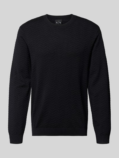 Produktfoto, Strickpullover aus Viskose-Mix von ARMANI EXCHANGE in Schwarz mit Strick-Optik, Gerade Passform, Rundhalsausschnitt, elastische Abschlüsse, Rückenlänge 70 cm, Ärmellänge 74 cm.