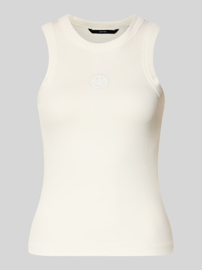 Produktfoto, Slim Fit Tank Top aus Baumwoll-Mix Modell 'SMILE CAISA TANK TOP' von Vero Moda, Optik: Unifarben, Rundhals, Feinripp, Motiv-Stitching, glatte weiße Oberfläche