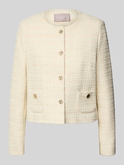Produktfoto, Regular Fit Blazer in Bouclé-Optik von Christian Berg Woman Selection aus cremefarbenem Baumwoll-Mix, Rundhalsausschnitt, AufgesetzteTaschen, Knopfleiste, Rückenlänge 50 cm, Brustweite 48 cm, Ärmellänge 64 cm, strukturierte Textur.