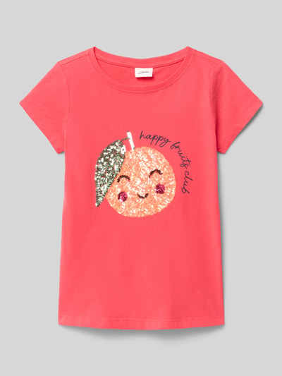 Produktfoto, A-Linien T-Shirt aus reiner Baumwolle von s.Oliver RED LABEL in Koralle mit Pailletten-Motiv, kurzarm, Rundhals, Jersey, unifarben