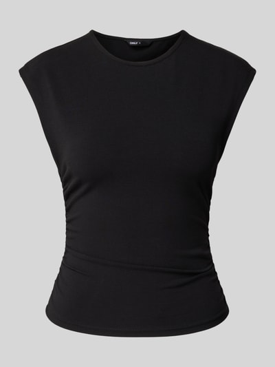 Produktfoto, Slim Fit T-Shirt aus Baumwoll-Mix Modell 'MIRA' von Only in Optik: Unifarben, schwarze Jersey-Textur, mit Raffung, Rundhals, Kurzarm.