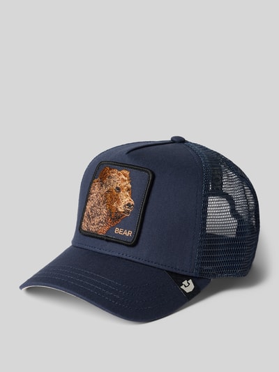 Produktfoto, dunkelblaue Herren Trucker Cap mit Bären-Motiv-Patch Modell 'bear' von GOORIN BROS., Material-Mix, verstärkter Schirm, Label-Detail, verstellbarer Riegel an der Rückseite, strukturierte Mesh-Partie, klare Kontraste.