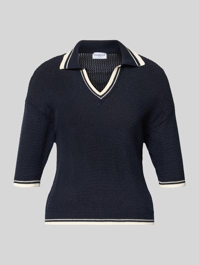 Produktfoto, Regular Fit T-Shirt in Strick-Optik Modell 'Lembi' von Marella, damski t-shirt z bawełny, wykładany kołnierz, dekolt w serek, półprzezroczysty materiał, kolor granatowy z kremowymi detalami, długość tyłu w rozmiarze S: 51 cm, długość rękawów w rozmiarze S: 20 cm