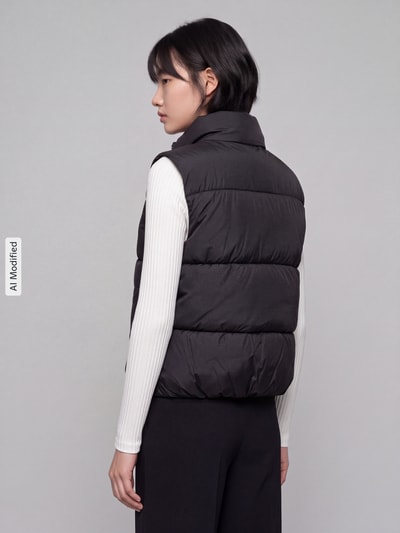 Männermodel trägt schwarze Regular Fit Weste mit Stehkragen von PIECES, klare Linien, glatte Textur, Ganzkörperansicht Rückansicht, KI-modifiziertes Bild