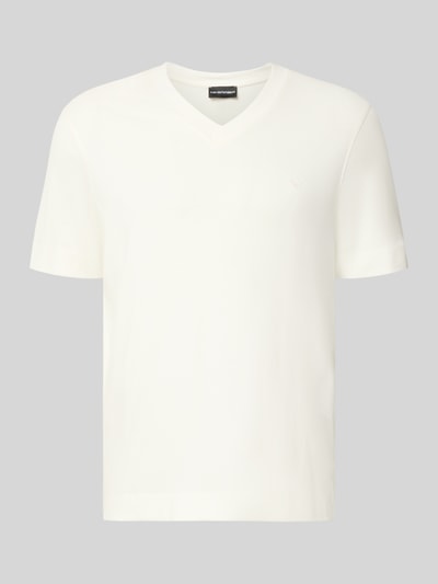 Produktfoto, T-Shirt aus Modal-Mix mit V-Ausschnitt von Emporio Armani in Weiß, glatte Struktur, Regular Fit, Label-Stitching, Vorderansicht.
