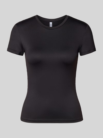 Produktfoto, schwarzes Slim Fit T-Shirt mit Rundhals Modell 'LULA' von PIECES, glatte Textur, schlichte Optik, Damen T-Shirt.