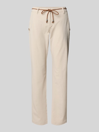 Produktfoto, Stoffhose mit Bindegürtel und Eingrifftaschen von G.I.G.A. DX, beige, aus Baumwoll-Mix mit Stretch-Anteil, Straight Fit, sichtbare Knopf- und Reißverschluss-Details, Eingrifftaschen mit Knopfverschluss, Gesäßtaschen, Bundweite 41 cm, Innenbeinlänge 78 cm bei Größe 36.