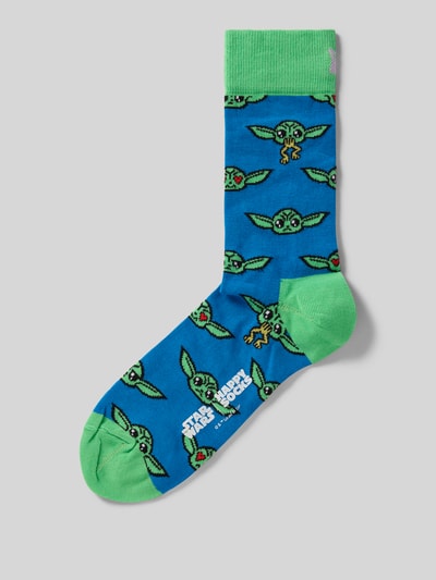 Produktfoto, Socken aus Baumwoll-Mix Modell 'GROGU MOOD' von Happy Socks in Blau und Grün mit Grogu-Motiven und Label-Detail.