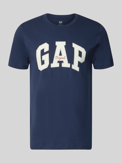 Produktfoto, dunkelblaues T-Shirt mit Logo und Rundhalsausschnitt von GAP, Reine Baumwolle, Regular-Fit, Rückenlänge 69 cm, Größe M