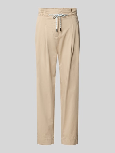Productfoto, Straight Fit Stoffhose mit Tunnelzug van Marc Cain in beige, katoenmix met plooien, deels elastische tailleband, katoenstructuur