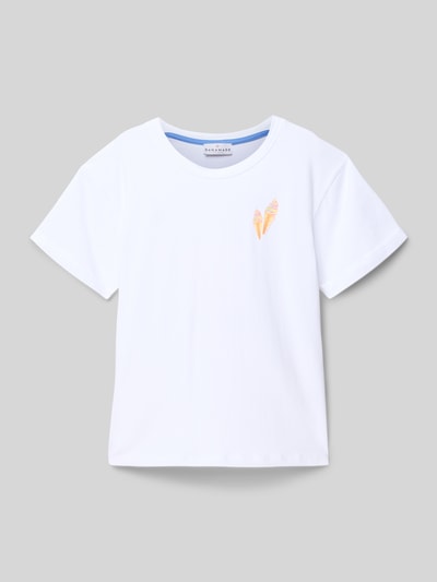 Produktfoto, Kinder T-Shirt mit Print und Rundhalsausschnitt von DANAMADE aus Baumwoll-Elasthan-Mix im Relaxed-Fit, weiß, kurze Ärmel mit Aufschlag, Rückenlänge 51 cm bei Größe 140.