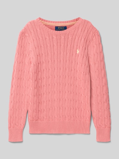 Produktfoto, Regular Fit Pullover aus reiner Baumwolle von Polo Ralph Lauren Teens, Optik: Unifarben, Zopfmuster, Logo-Stitching, Strick, rosa