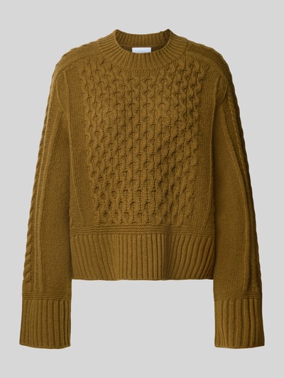 Produktfoto, Strickpullover mit Zopfmuster von Style Icon Collection in Braun, reine Baumwolle, lockere Passform, Rundhalsausschnitt, gerippte Abschlüsse