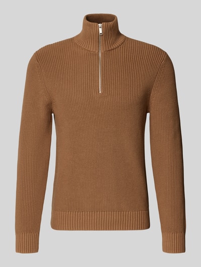 Produktfoto, Slim Fit Strickpullover aus reiner Baumwolle mit Troyer-Kragen von MCNEAL in bruin met ribboorden, langemouwen, puur katoen, slim fit, schipperskraag, heren, ruglengte maat M 72 cm, mouwlengte maat M 74 cm