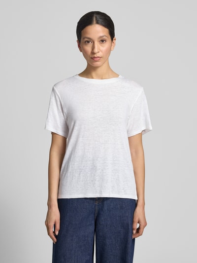 Frauenmodel trägt Regular Fit T-Shirt aus Leinen-Mix Modell 'PELOTA' von Weekend Max Mara, unifarben, Feinstrick, Nahaufnahme Oberkörper.