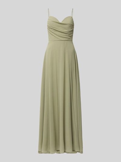 Produktfoto, Midikleid mit Drapierungen und Spaghettiträgern von Laona, A-Linie aus Chiffon in hellem Grün, schlichte Oberfläche, Reißverschluss hinten, Rückenlänge 123 cm, Brustweite 32 cm.