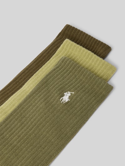 Produktfoto, Socken aus Baumwoll-Mix im 3er-Pack von Polo Ralph Lauren Underwear in Grüntönen, weiche Rippenstruktur, das Markenlogo sichtbar