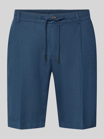Produktfoto, Bermudas mit Eingrifftaschen von bugatti in Blau aus Leinen-Baumwoll-Anteil, Straight Fit, Knopf-Reißverschluss, Kordelzug, Bundweite 43 cm, Innenbeinlänge 25 cm, klare Struktur