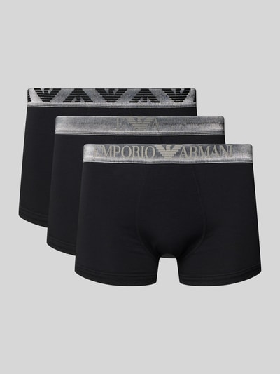 Produktfoto, Slim Fit Trunks mit Logo-Stitching im 3er-Pack von Emporio Armani aus elastischem Baumwoll-Mix in Schwarz mit silbernem Logobund.