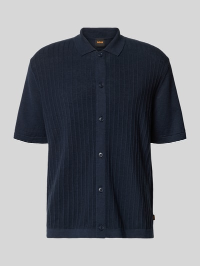 Produktfoto, Poloshirt aus Leinen-Baumwoll-Mix Modell 'AMICINO' von BOSS Orange, Optik: Unifarben, Passform: Regular-Fit, Polokragen, Kurzarm, Knopfleiste, dunkelblaue Farbe, feine Rippenstruktur, glatte Oberfläche