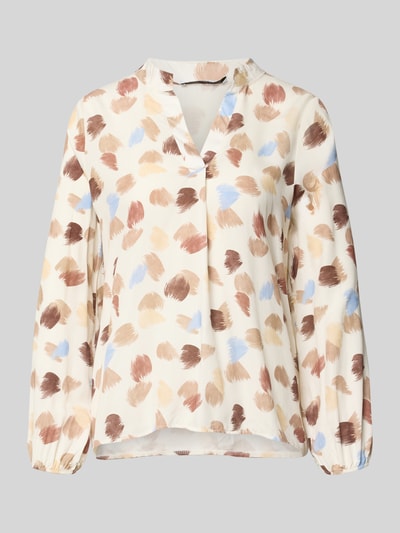 Produktfoto, Regular Fit Bluse aus reiner Viskose Modell 'Hilga' von ZABAIONE im abstrakten Muster, cremefarben mit Braun- und Blautönen, Tunika-Kragen, langärmeliges Design, elastische Ärmelabschlüsse, Rückenlänge bei Größe S 62 cm, Ärmellänge 60 cm.