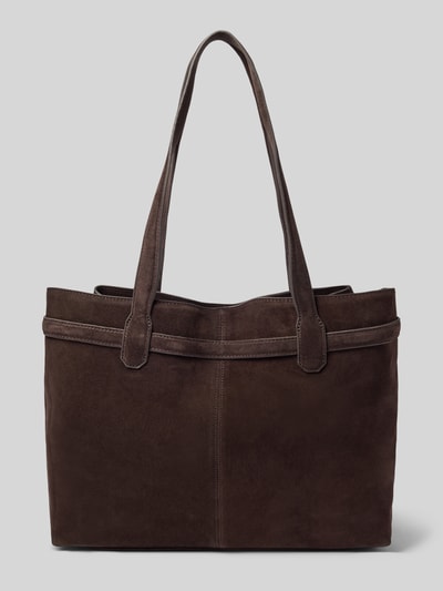 Produktfoto, braune Handtasche aus Rindsleder mit Karabiner, Modell 'CHUS' von MANGO, glatte Textur, rechteckige Form, Kontext: Echtes Rindsleder, Hauptfach mit Magnetverschluss, Schulterriemen, Maße: 40x29x11 cm, Schulterriemen 69 cm.