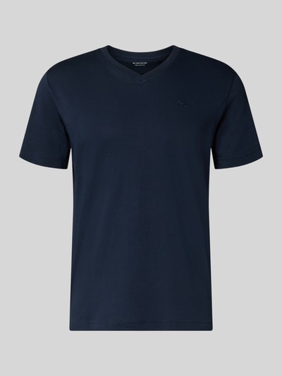 Produktfoto, Regular Fit T-Shirt aus reiner Baumwolle von Tom Tailor in Dunkelblau, unifarben, V-Ausschnitt, kurzarm, Jersey, Logo-Stitching