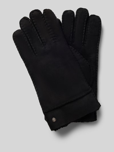 Produktfoto, Handschuhe aus echtem Lammfell Modell 'Bergen' von Roeckl in Schwarz, Ziernähte, Label-Detail, faktura miękka