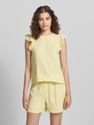 Vrouwenmodel draagt Regular Fit top uit puur katoen model 'SASTINA' van Pieces, look: effen, ronde hals, materiaalverwerking: gevlamd garen, geel, bovenstuk met zachte textuur, dames top, frontale opname van het gehele lichaam.